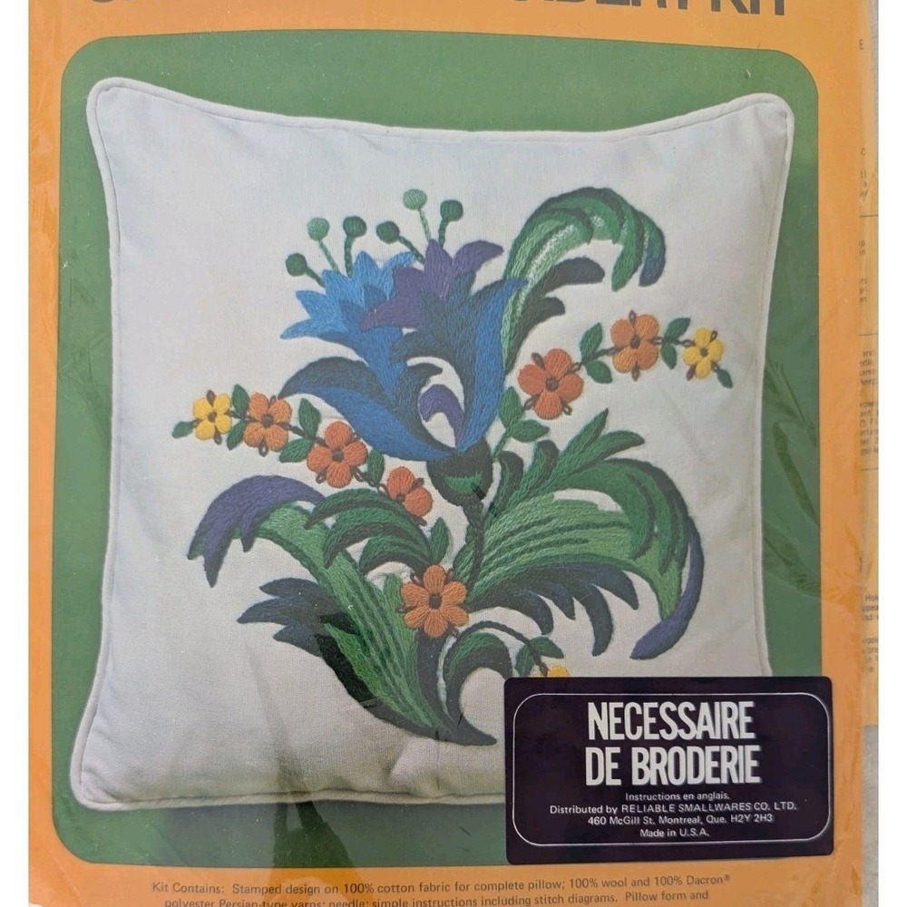 Vintage 1975 Fantasy Jacobean Crewel Embroidery Pillow Kit Caron 14 x 14